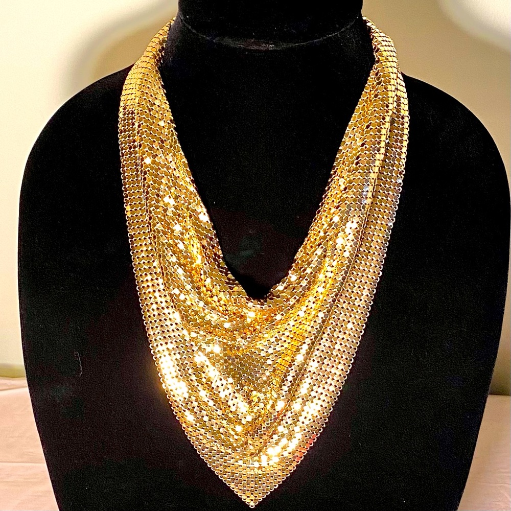 Vintage Whiting & Davis 1970's gold mesh bib cowl necklace 20"